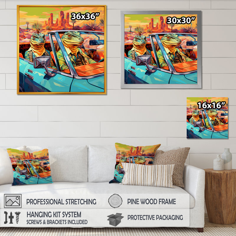 Reptile Riders Alligator and Lizards In Motion - Art mural animal crocodile, Cadre flottant brun, 16" H x 16" W