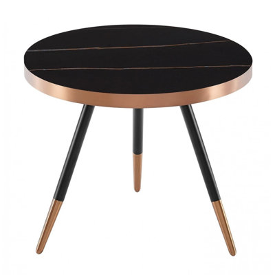 Cid Casu Coffee Table, 20 Inch, Round Black Ceramic Top, Rose Gold Accents