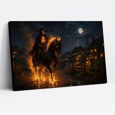 Fiery Skeleton Rider On Black Horse In Moonlit Halloween Canvas Wall Art