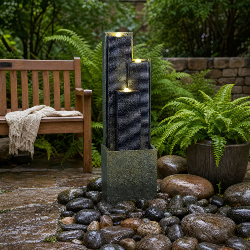 Fontaine d'extérieur avec lumières DEL, fontaine de jardin moderne en résine à niveaux 39,8 po