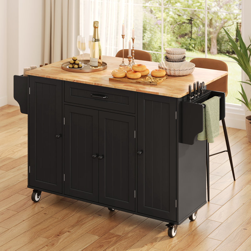 Chariot pour îlot de cuisine 47,6 po avec rallonge, porte d'armoire de style réfrigérateur, 1 tiroir, porte-couteaux, porte-serviettes, porte-gobelet, porte-épices et roulettes verrouillables