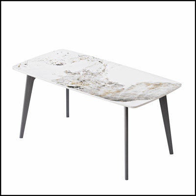 Table de salle à manger moderne en pierre artificielle blanche avec bord incurvé et pieds en métal gris foncé pour six personnes