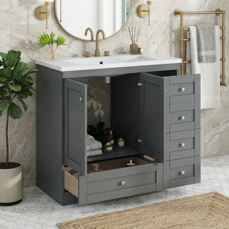 Meuble-lavabo sur pieds 36 po avec lavabo à fermeture douce et 2 portes 36 po Shaker, Gris