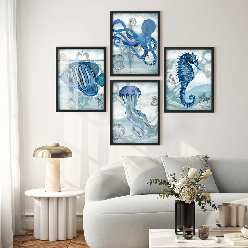 Art mural encadré, pieuvre, poisson-clown, méduse, Amphibiens, art numérique moderne, nautique, bleu, multicolore, pour salon, chambre à coucher, bureau