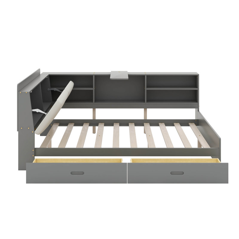 Lit plateforme double avec tête de lit, tablettes et tiroirs de rangement, Gris