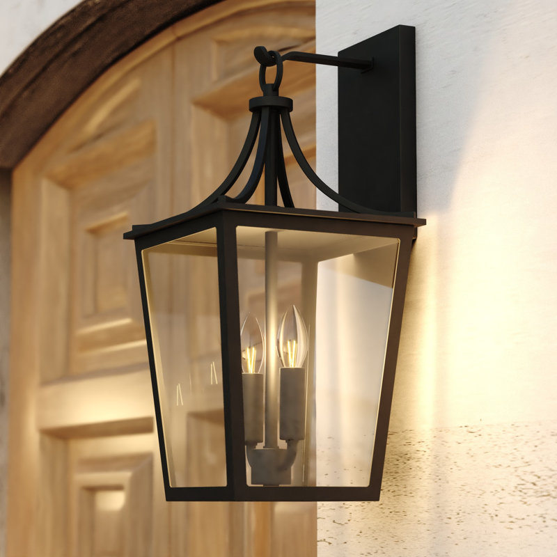Wayna 19 in. H 2-Light Matte Black Transitional Outdoor Wall Sconce made of Durable Metal, Clear Glass Shade, LED Compatible, Use for Exterior Porch Patio Front Door or Garage
