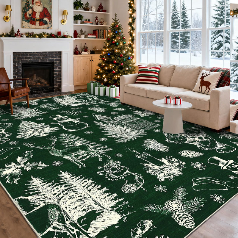 8x10ft Washable Christmas Stain-Resistant Foldable Low Pile Floor Mats Xmas Printed Carpets Soft Non Shedding Rugs