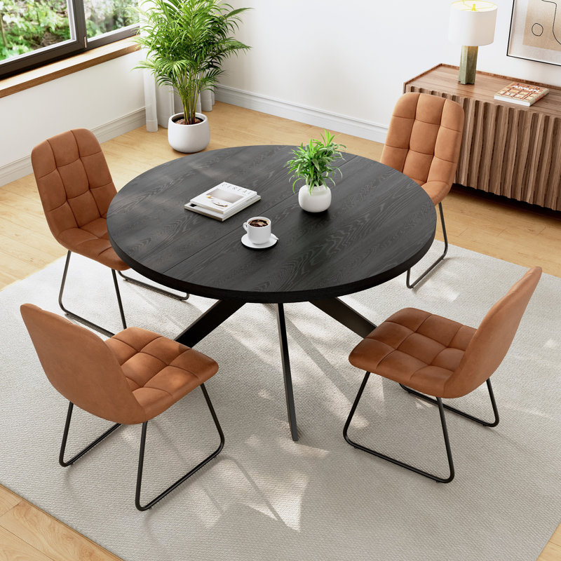 Ensemble 5 pièces de 4 chaises et table de salle à manger ronde Morden, Black, Brun