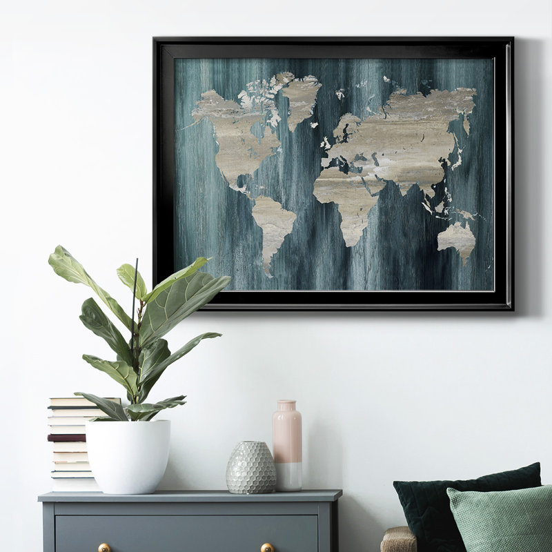 " Navy World Map ", Black, 18.5" H x 24.5" W x 1" D