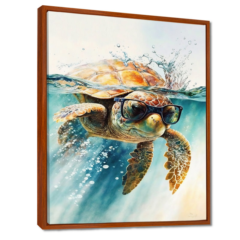 Tortue avec des lunettes dans l'océan III - Tortue, art mural, H 32 po x l 16 po, Reproduction avec cadre flottant, Brun