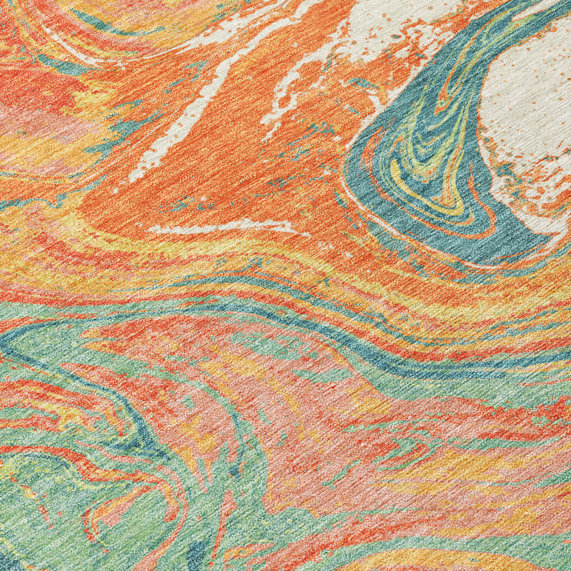 Orange Abstract Synthetic Washable Rectangular Rug 20" x 30"