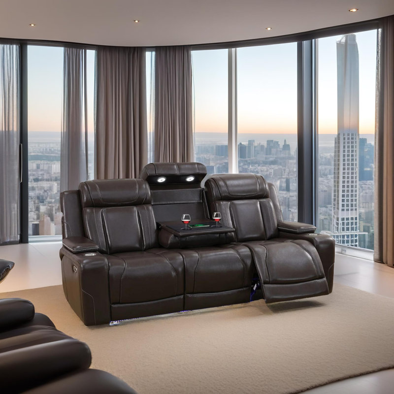 Velora Intelligent Power Reclining Sofa With LED Lights, USB Charging, Cup Holders,Dark Brown Semi-PU Leather