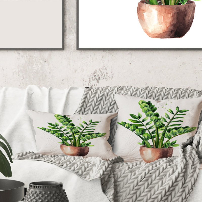 Carré, plante tropicale Zamioculcas avec feuilles vertes - coussin décoratif traditionnel, 16" x 16"