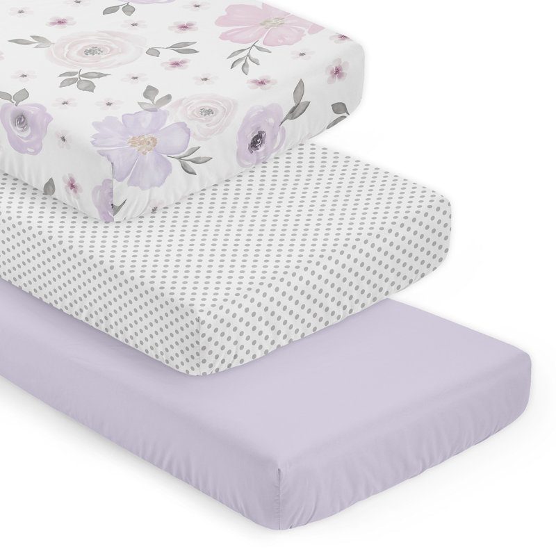 Watercolor Floral Lavender and Grey 3 Pack Fitted Crib Sheets by Sweet Jojo Designs