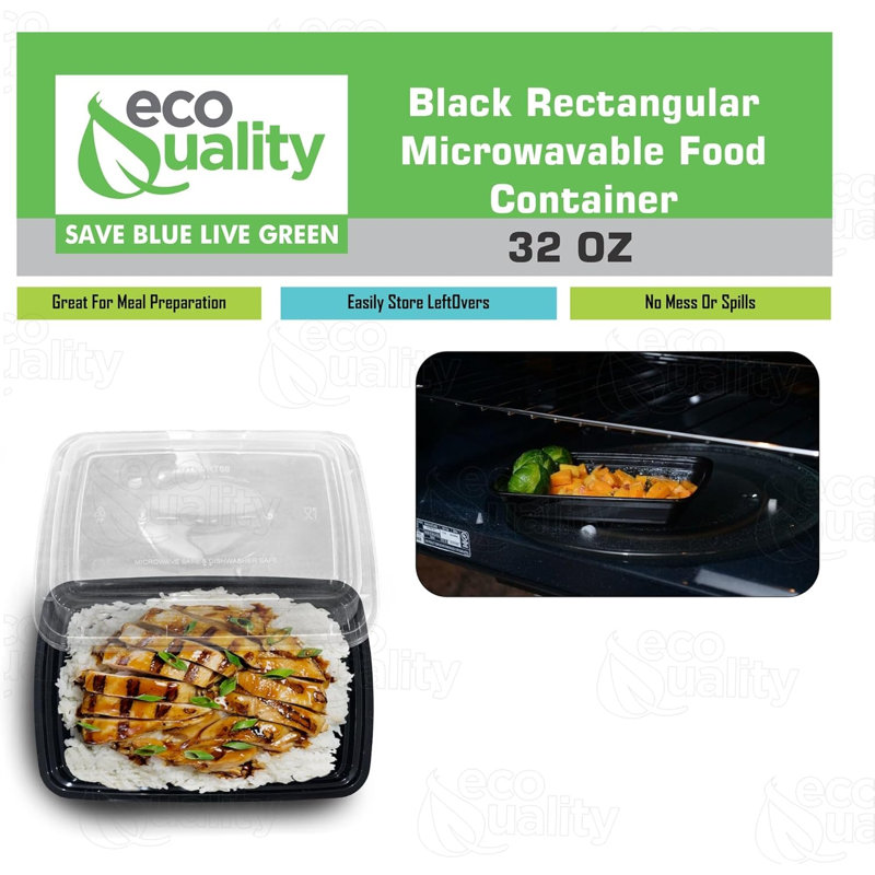  Bols rectangulaires noirs 32 oz avec couvercles - Rangement des aliments, préparation des repas, boîte à bento, micro-ondes et lave-vaisselle (100)