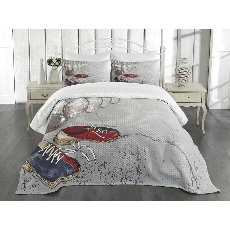 Ambesonne Bowling Bedspread Set Grunge Objects Pale Grey Dark Blue, King Bedspread + 2 Standard Shams