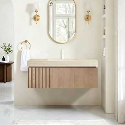 Meuble-lavabo suspendu de luxe en bois naturel de 122 cm (48 po) avec lavabo intégré et meuble-lavabo mural moderne en pierre frittée