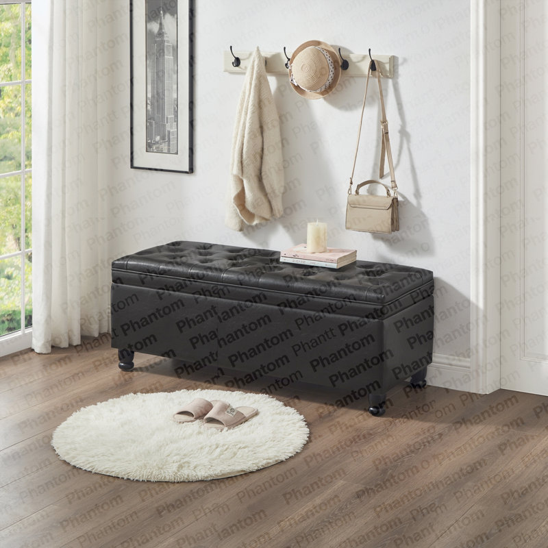 Upholstered Tufted Button Storage Bench ,Faux Leather Entry Bench With Spindle Wooden Legs, Bed Bench- Black
