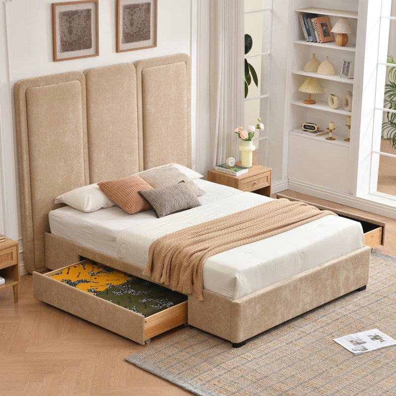 Modern Upholstered Platform Bed with 2 Solid Wood Under-Bed Storage Drawers, Tall 3-Panel Padded Headboard, No Box Spring Required
