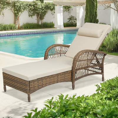 Outdoor Wicker Chaise Lounge Chair With Cushion, 76.98" Long All Weather Pe Rattan Patio Lounge Chair, 6-Positions Adjustable Pool Reclining Sunbathing Chair, Armrest & Head Pillows, Beige