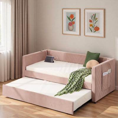 Upholstered Daybed With Trundle, Usb Port And Side Pockets