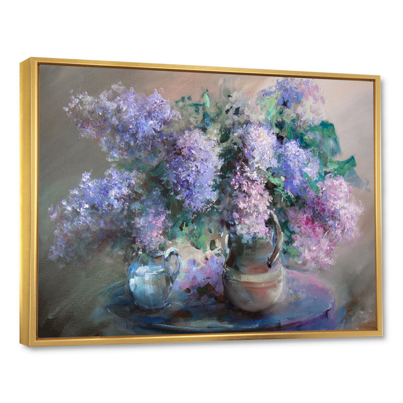 Nature morte avec des lilas - œuvre d'art traditionnelle sur toile, H 16 po x l 32 po x P 1 po, Toile avec cadre flottant or