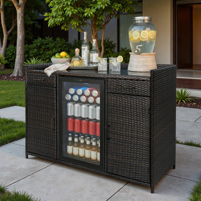 Outdoor Wicker Storage Cabinet With Black Tempered Glass Desktop, Fridge Space, 2 Glass Bottle Holders, 2 Large Drawers And Adjustable Shelves