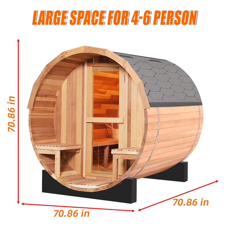 DUTHSS 6'*6' Outdoor Barrel Sauna,Canadian Cedar Wooden Sauna Kit with Porch,TOULE 6KW Electric Stove for 4-6 person, Cedar