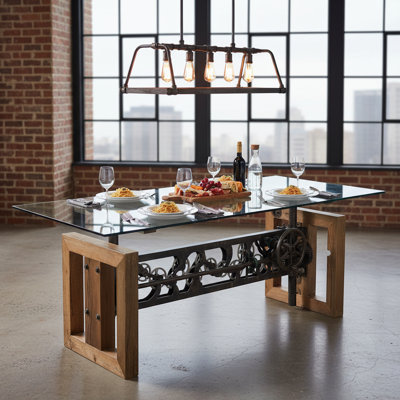 Table de salle à manger réglable industrielle Lakela avec engrenages en acier réutilisés et plateau en verre 
