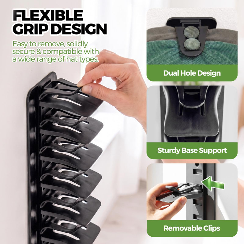 2-Pack Wall-Mounted Hat Organizer for 36 Baseball Caps, Adjustable Clips