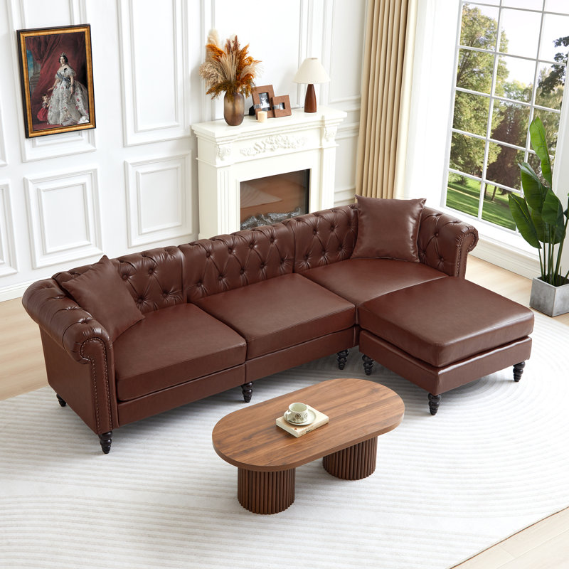 108.7" Wide Sectional Sofa With Ottoman, Brown