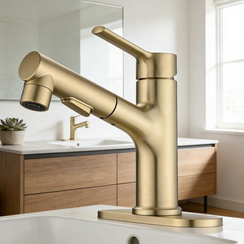 Single Handle Pull Out Bathroom Faucet With Drain Assembly, Brushed Gold