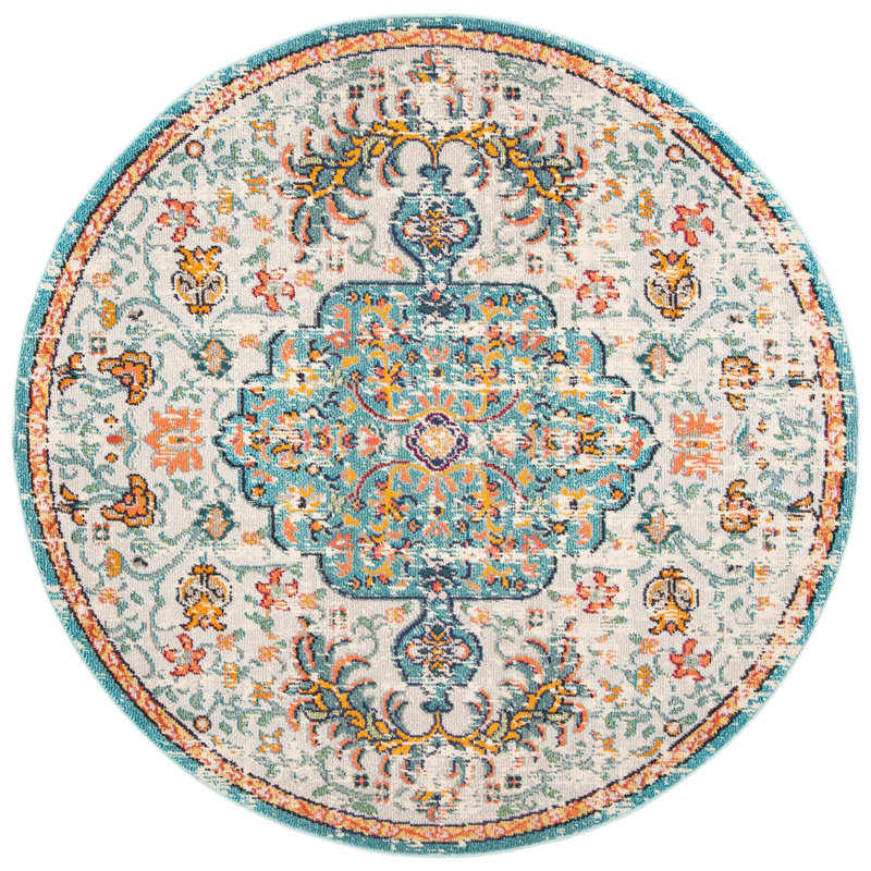 Tapis oriental Felty, Rond 5 pi, Gris / bleu clair / orange