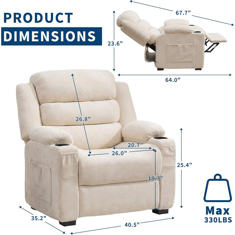 Fauteuil inclinable électrique surdimensionné, siège de 66 cm de large, inclinaison électrique, Beige, Chenille