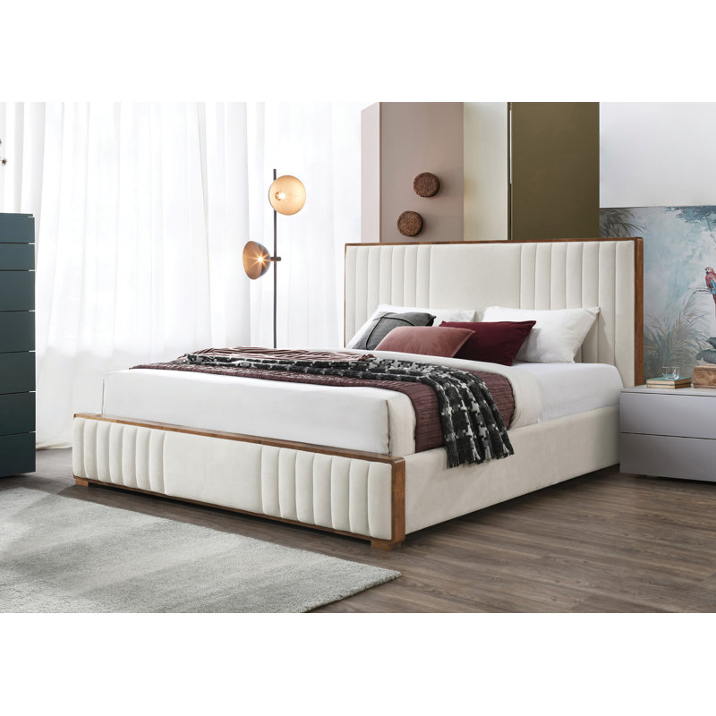 Kaleea Light Gray Chenille and Walnut Queen Bed