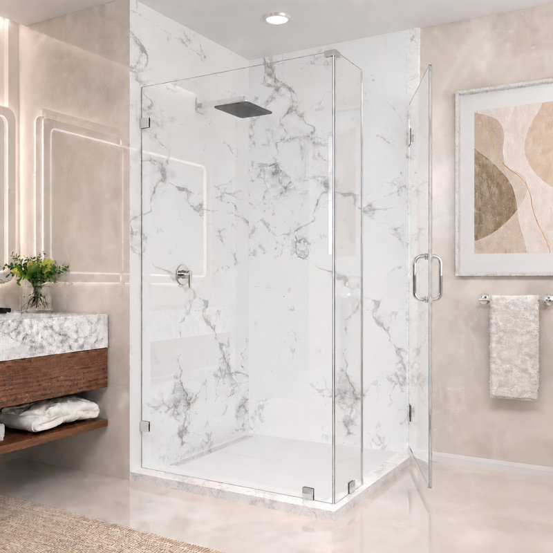 Cabine de douche d'angle à charnières murales sans cadre Nirvana 96,5 cm (L) x 101,6 cm (P) x 193 cm (H), verre clair facile à nettoyer de 10 mm d'épaisseur, fini chromé
