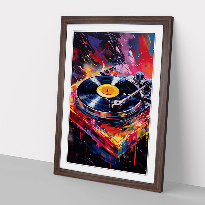 Record Player Action Painting No.2 - Single Picture Frame Print on Wood, 64cm H x 46cm W x 2cm D, Walnut