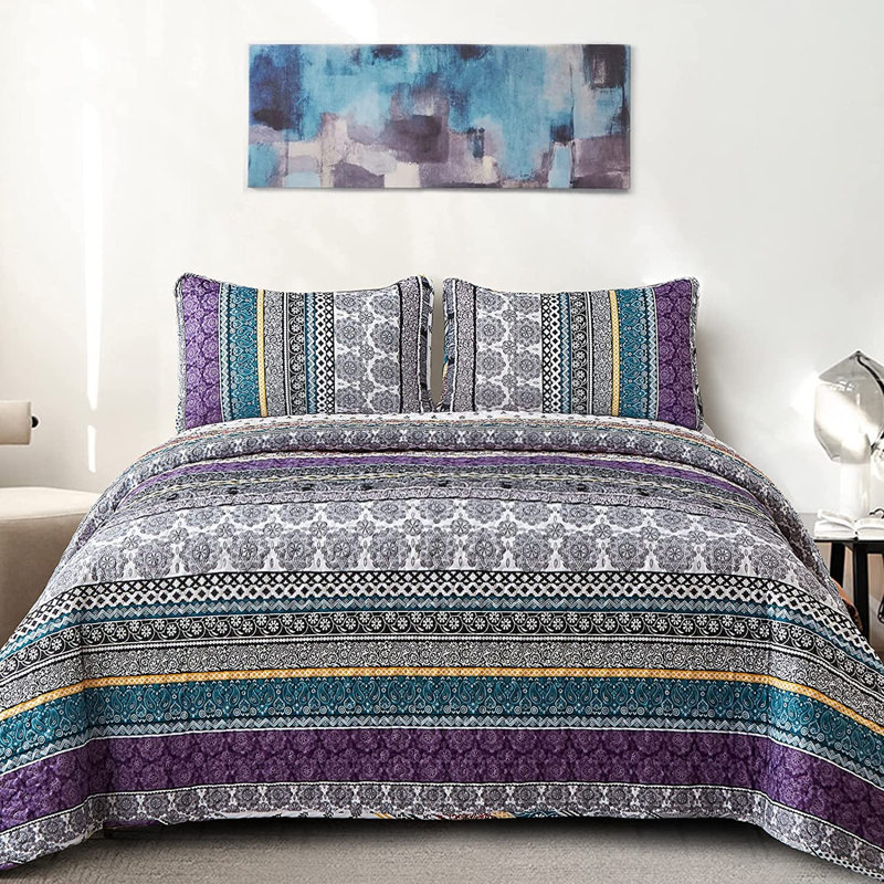 Ensemble de courtepointe 3 pièces Boho, Mauve, Courtepointe très grand et 2 très grandes taies 