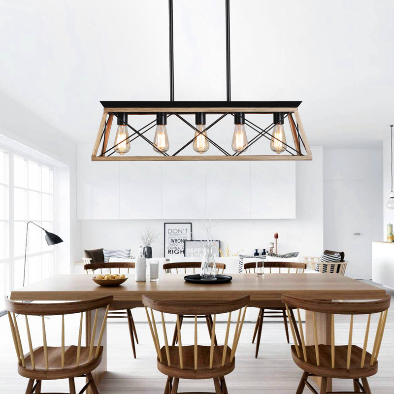Luminaire suspendu pour îlot de cuisine 5 lumières, Chêne
