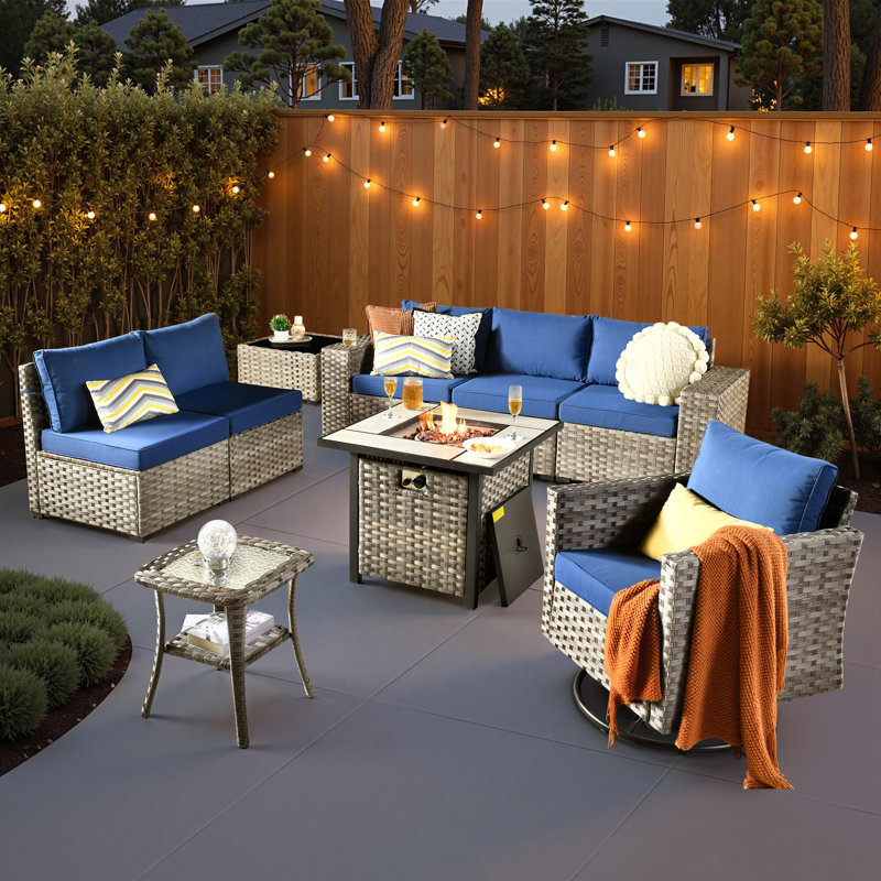Bobia 6 - Person Patio Conversation Set with Cushions, Navy Blue