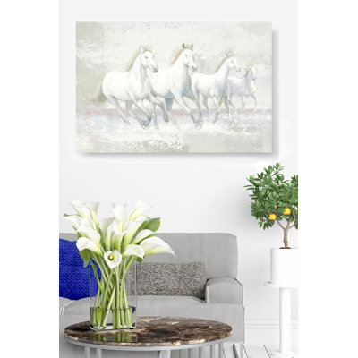 Chevaux blancs sauvages, quatre chevaux en course, équestre, crème, brun clair, blanc, gris