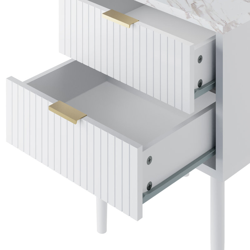 Azeez 2 Drawer Bedside Table, White Marble