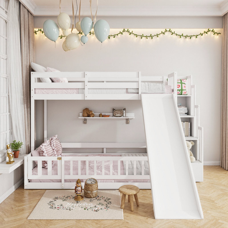 Lit superposé simple au-dessus de double avec glissière et escalier de rangement amusant et fonctionnel - Fabrication en bois de pin massif pour enfants