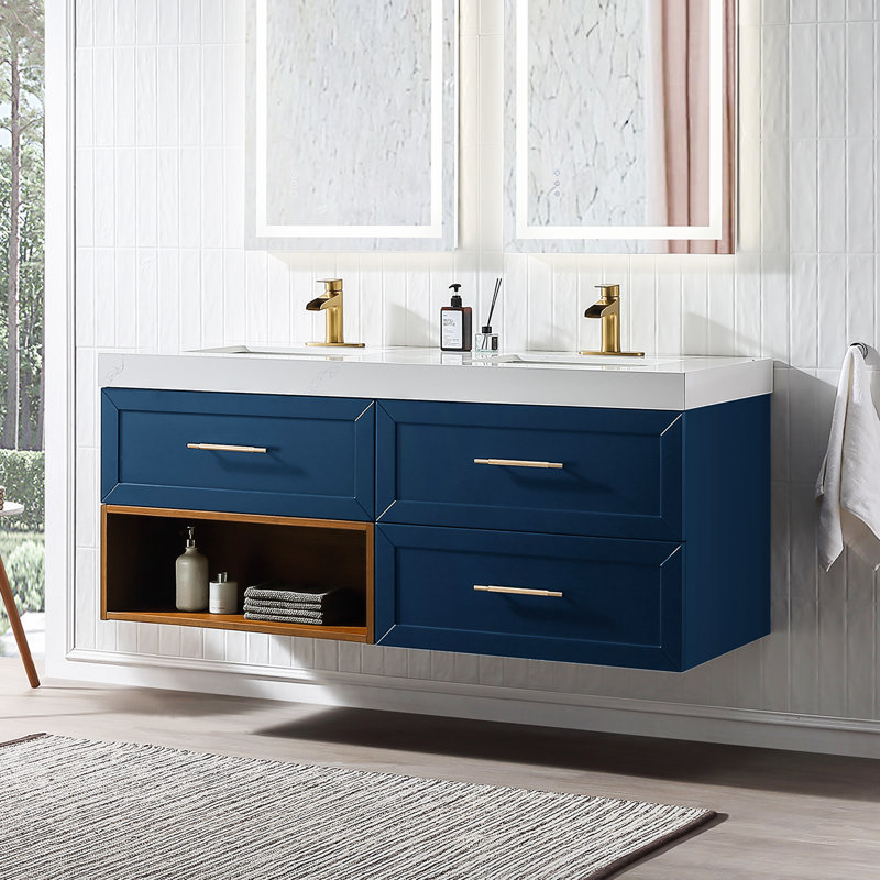 60" Wall Mounted Double Bathroom Vanity with Quartz Top, Navy Blue