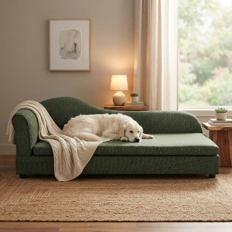 Grand lit pour chien 55 po, dossier ondulé, canapé en lin, Vert olive