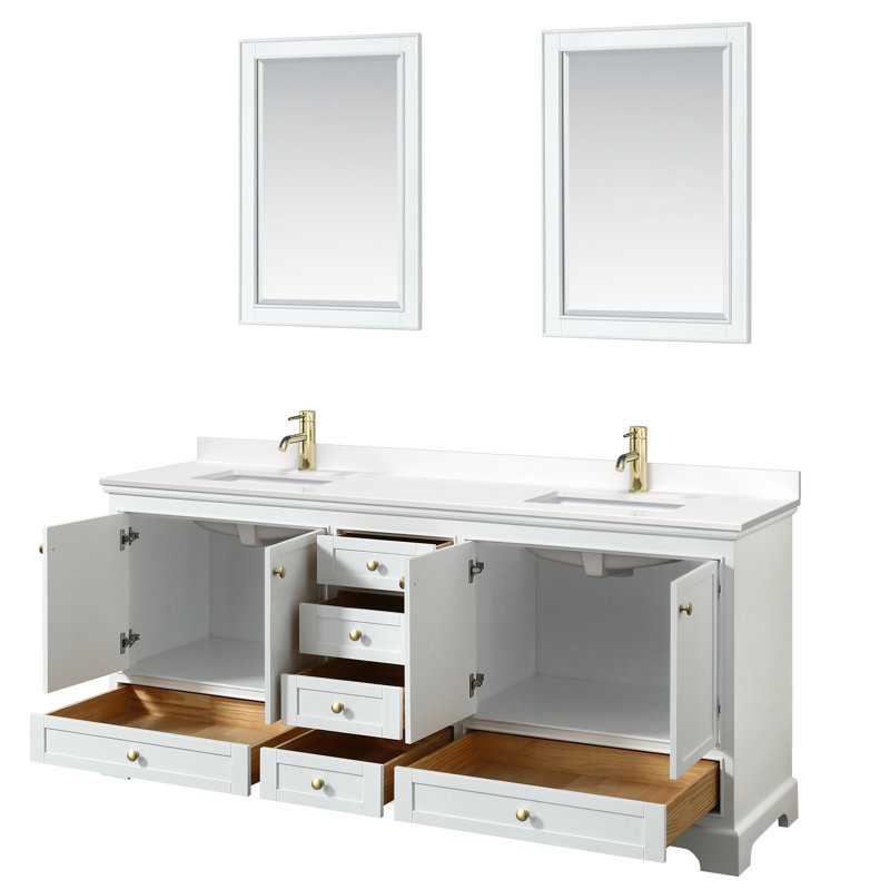 Ensemble de meuble-lavabo double autoportant Deborah avec plateau en quartz et miroir, Quartz blanc, Blanc, Or brossé