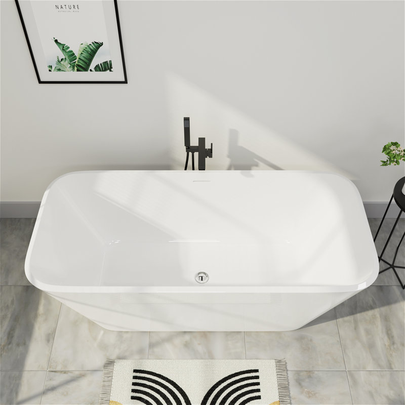 67'' x 30'' Freestanding Rectangle Soaking Acrylic Bathtub with Chrome Drain and Overflow, Modern Design for Luxury Bathrooms