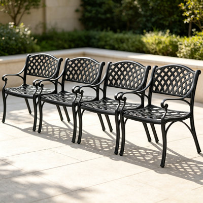 Ensemble de 4 chaises de jardin en aluminium moulé, idéal pour la terrasse, le jardin et le porche. Couleur : noir.