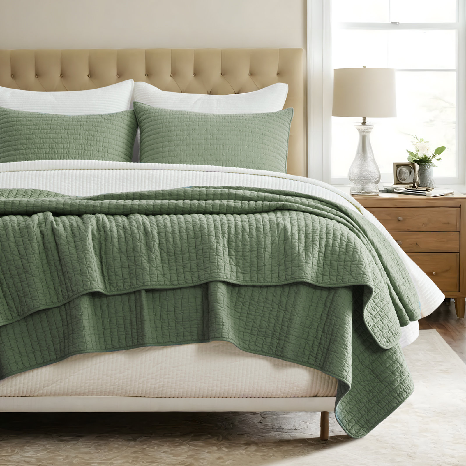 Cross Stitch Cotton Quilt set, Queen, Olive Green