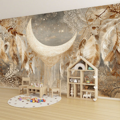 Peel and Stick Wallpaper Earthy Boho Crescent Moon Macrame Starry Night Art Wall Murals 100"H x 144"W Removable PVC Wall Paper Self-Adhesive Wall Decor for Bedroom Living Room Home Office
